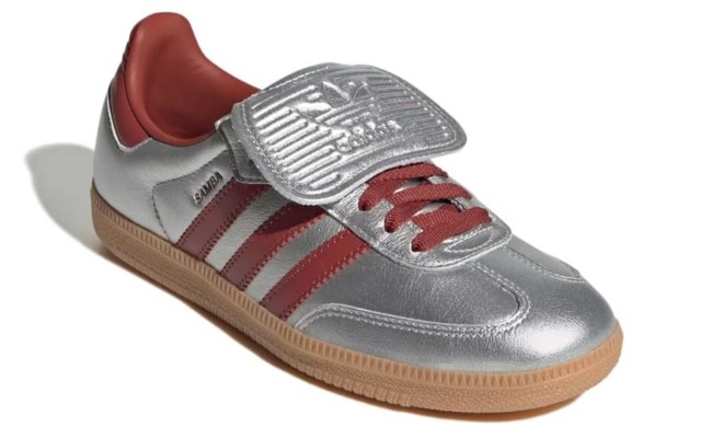 silver and red adidas samba