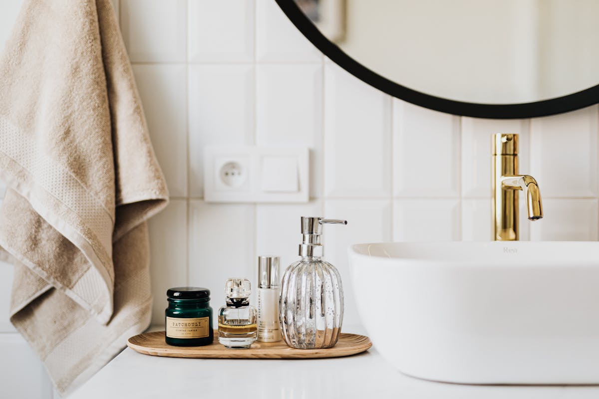 Skin products on a vanity