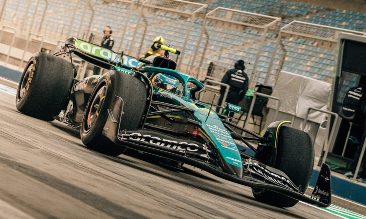 Aston Martin on th track in Bahrain during pre-season testing.