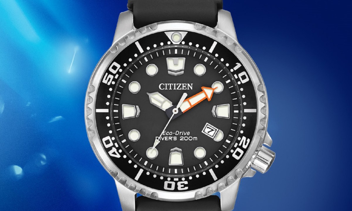 The Citizen Promaster Dive Eco-Drive Watch on a blue background.