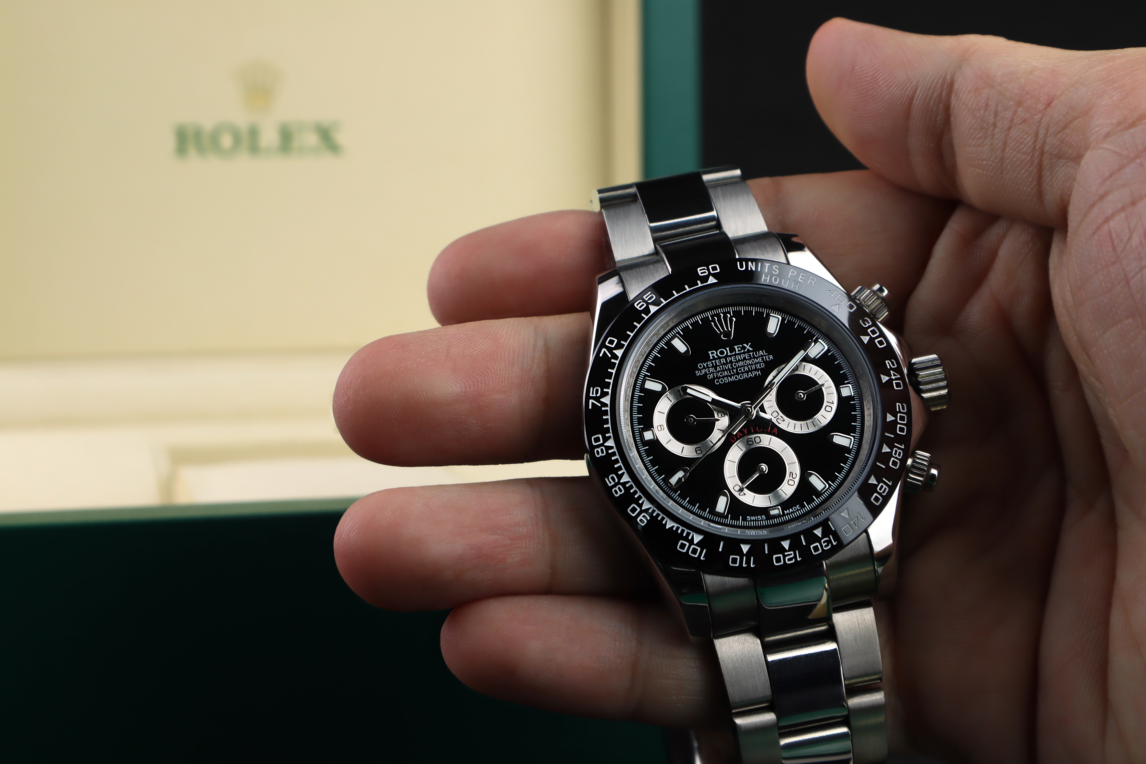 Rolex Cosmograph Daytona Oyster Perpetual Superlative Chronometer with black ceramic bezel stainless steel body