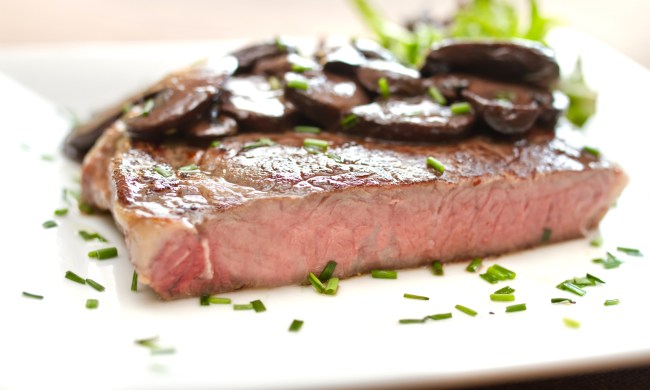 Sous vide ribeye steak with truffle mushroom ragout