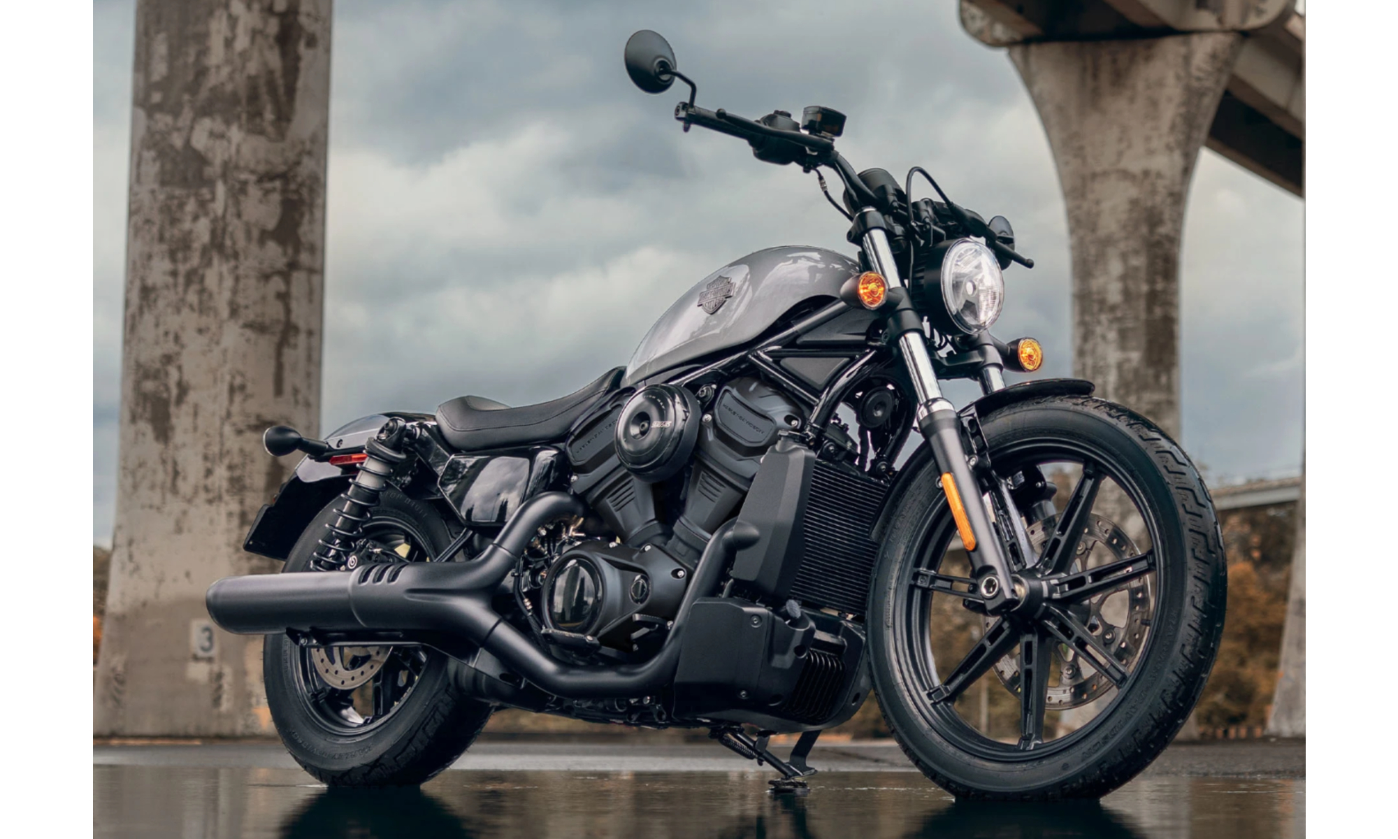 2025 Harley-Davidson Nightster right front three-quarter view parked on wet pavement.