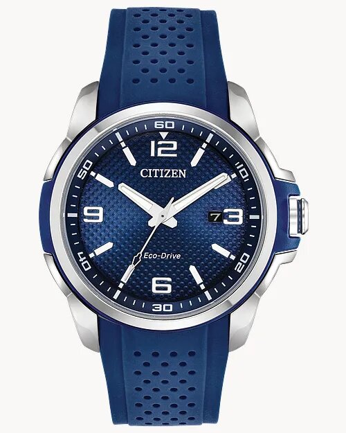 CITIZEN AR, powered by light with Eco-Drive technology. Featured with a stainless steel case with midnight blue chroma finishing accents , midnight blue polyurethane strap and dark blue dial with date
