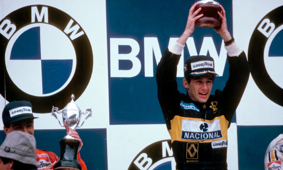 Ayrton Senna wins the 1985 Portuguese Grand Prix.