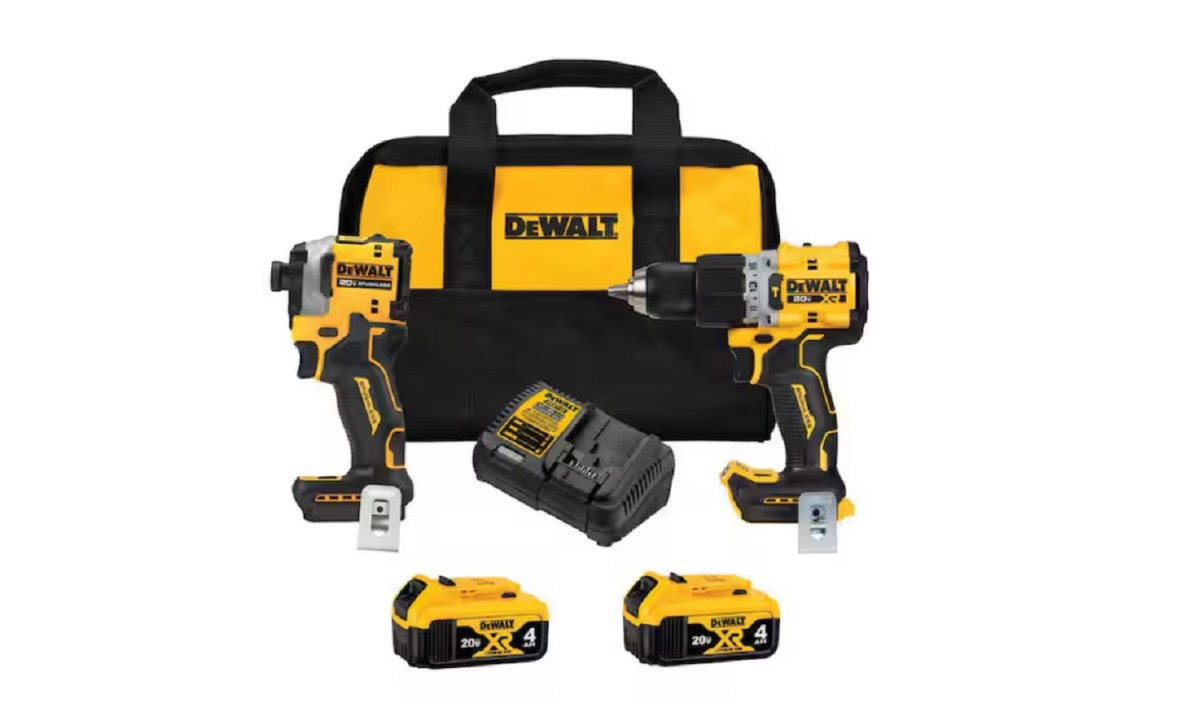 The contents of the DeWalt 20V MAX XR Hammer Drill and ATOMIC Impact Driver 2 Tool Cordless Combo Kit on a white background.