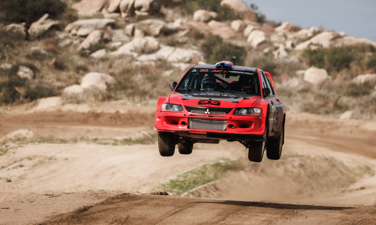 Hoonigans Rally Speedrun Championship 2025 driver Patrick Gruszka in his long-travel Mitsubishi Mirage Proto.