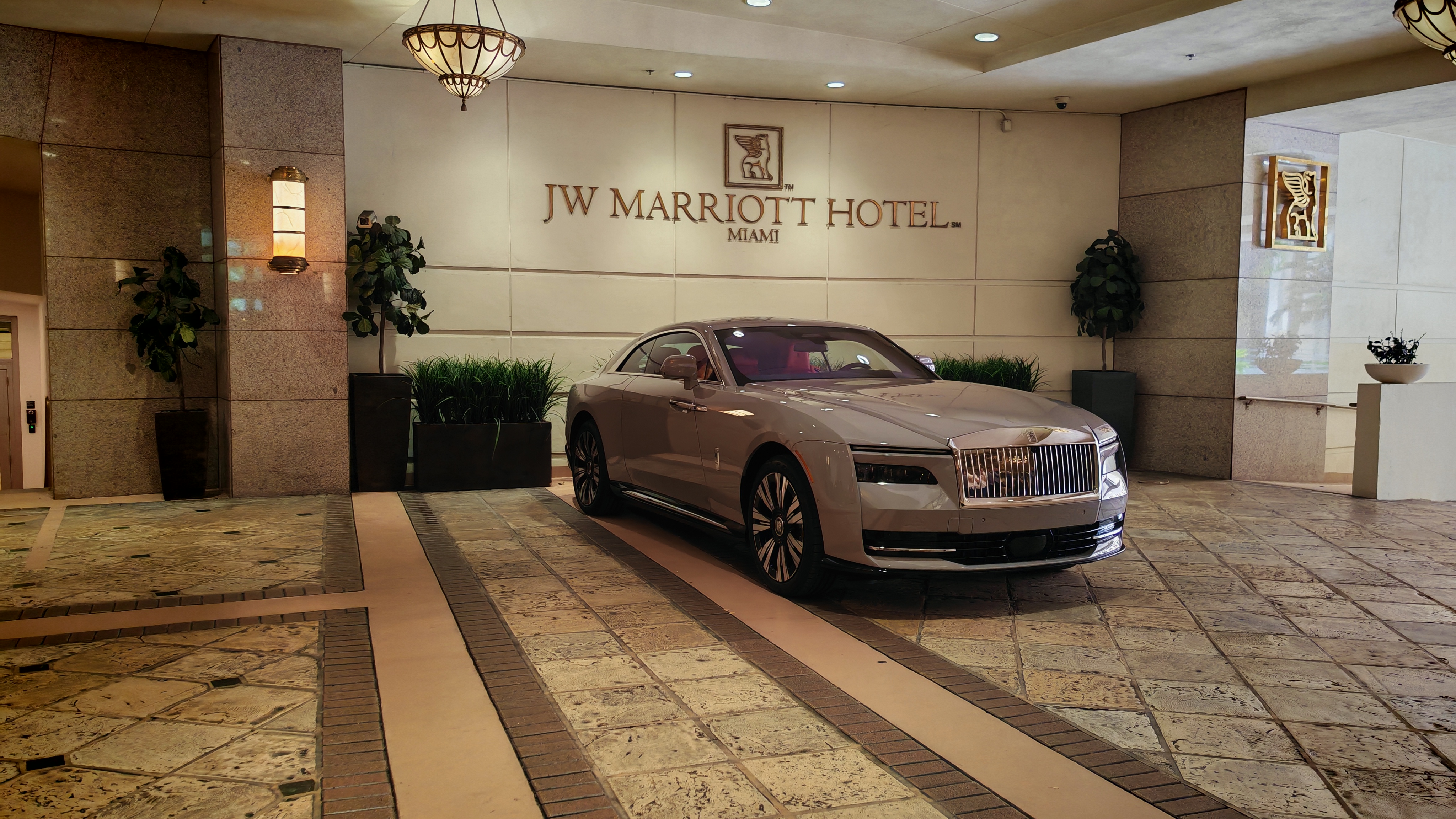 Rolls-Royce Spectre parked in front of JW Marriott, Miami