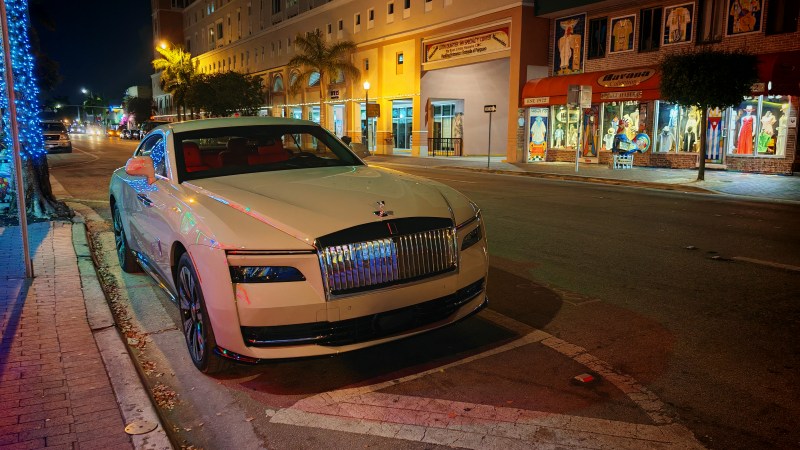 Front view of Rolls-Royce Spectre parked on Calle Ocha, Miami