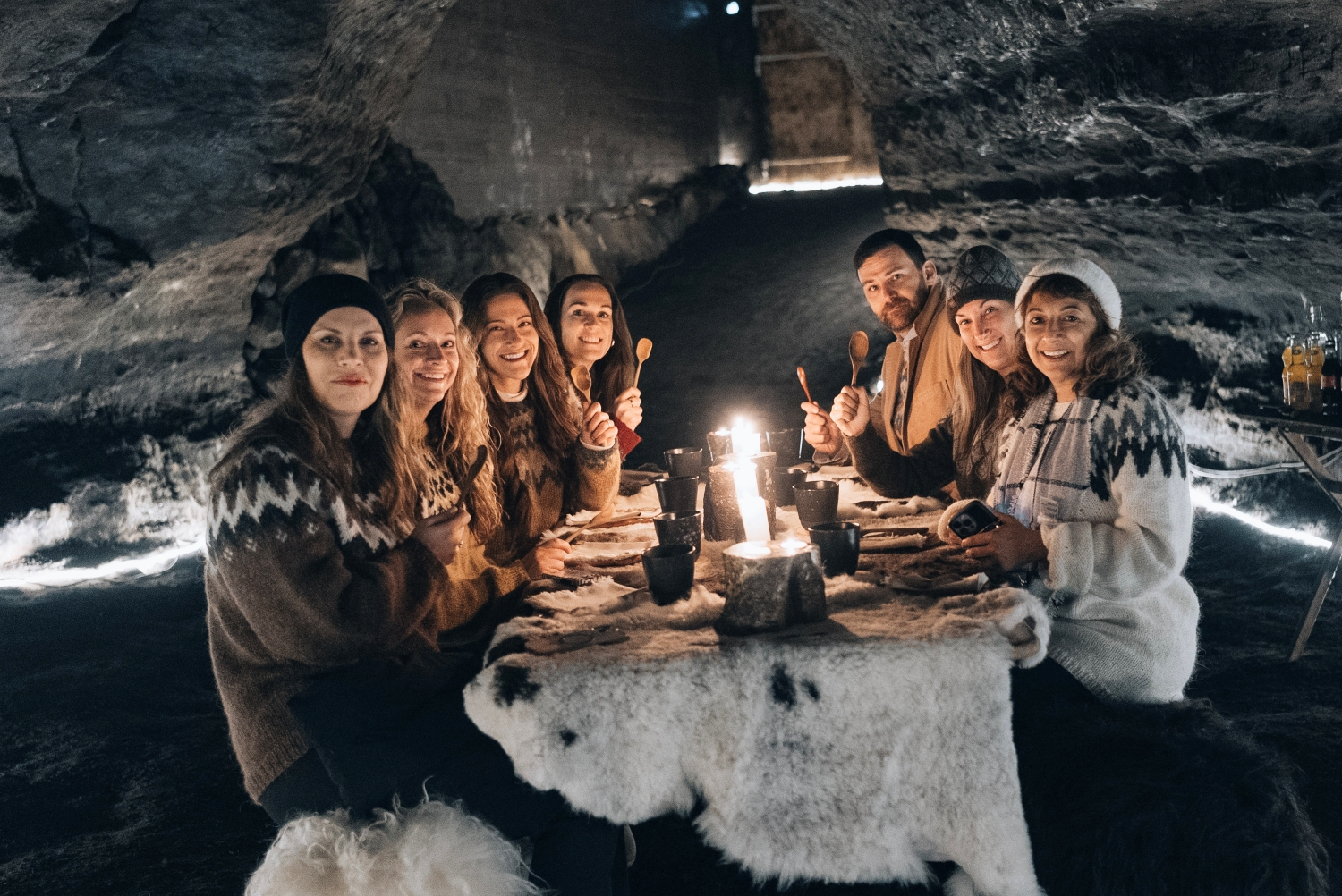 Icelandic cave dinner in sweaters