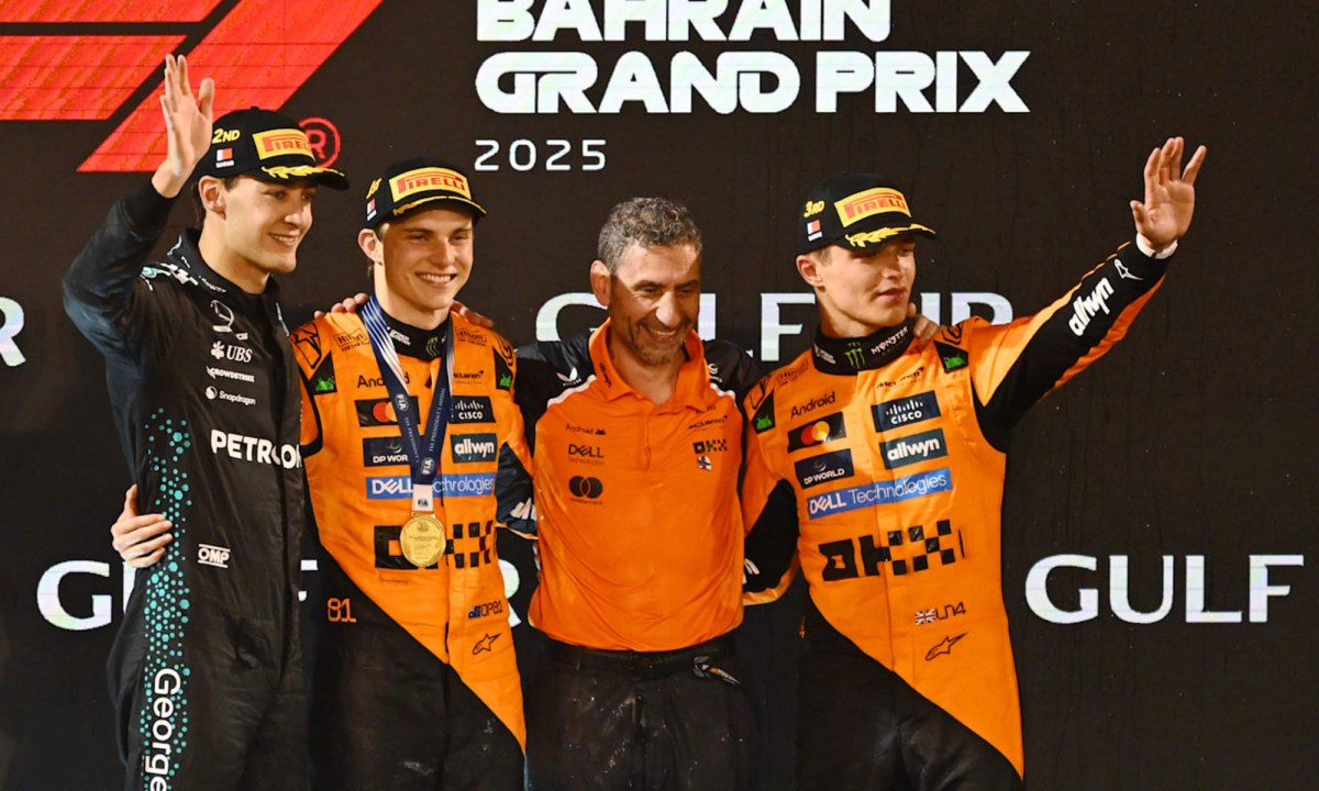 Winners' podium after the 2025 Bahrain Grand Prix.
