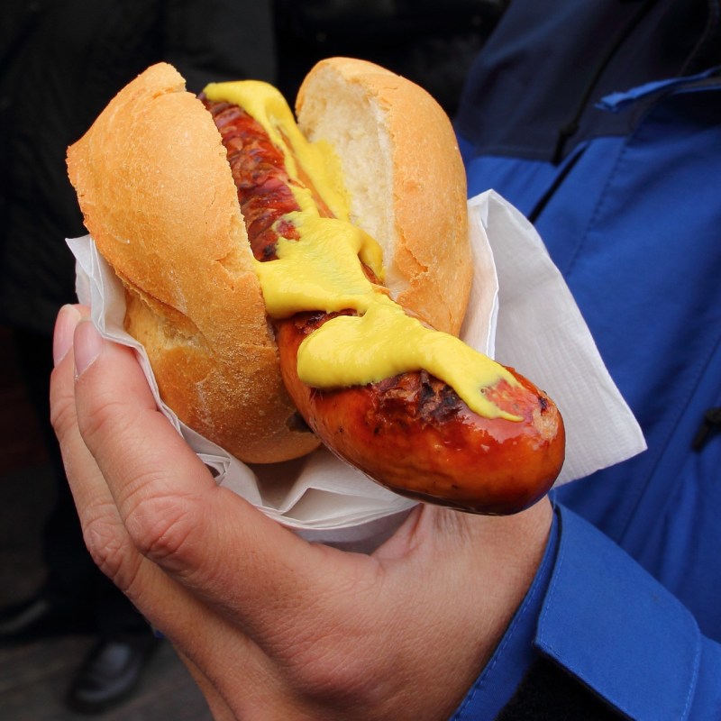 Someone holding a bratwurst in a bun topped with mustard