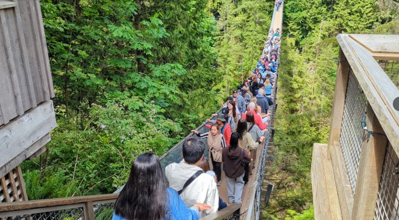 A crowd crossing the Capilano Bridge during the day