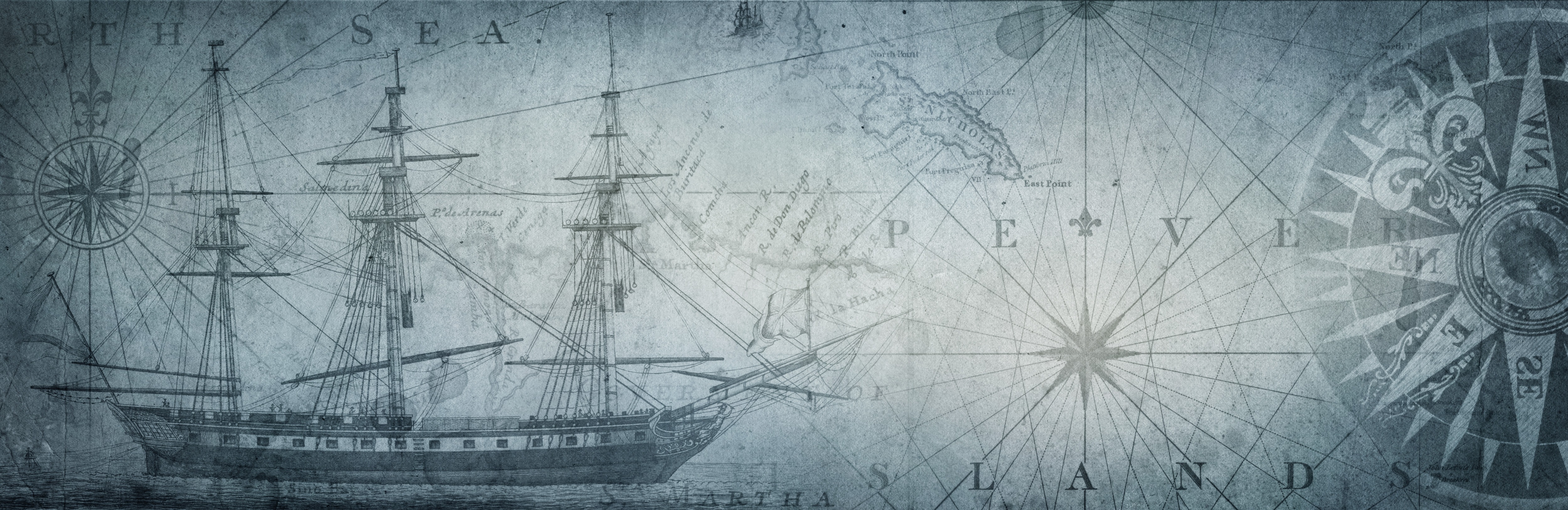 An illustration of a sailing ship, a compass, and a map