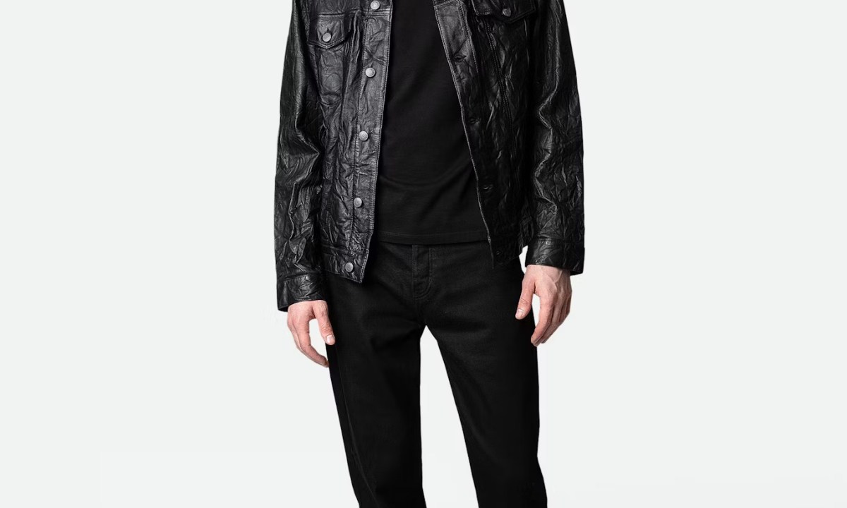 model posing in leather jacket