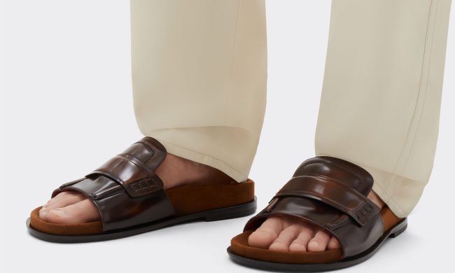 man wearing ferrari leather sandals
