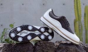 pair of wingtip golf shoes on rocks