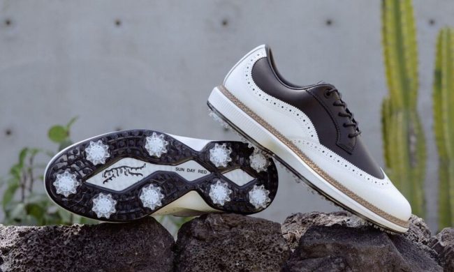 pair of wingtip golf shoes on rocks