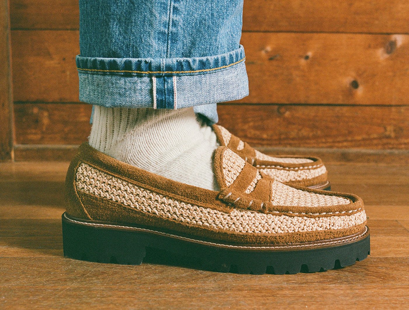 man wearing raffia loafers