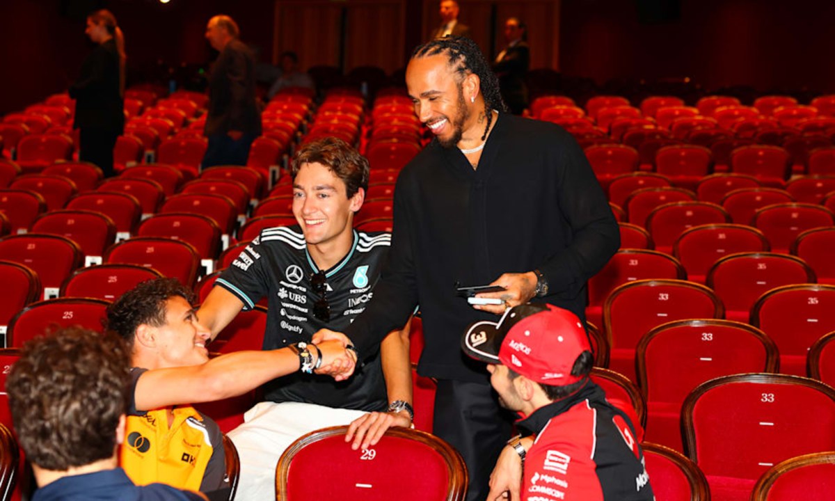 Lando Norris, George Russell, and Lewis Hamilton at F1 The Movie screening.
