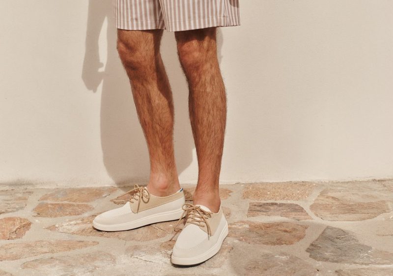 man wearing rothys x fair harbor boat shoe