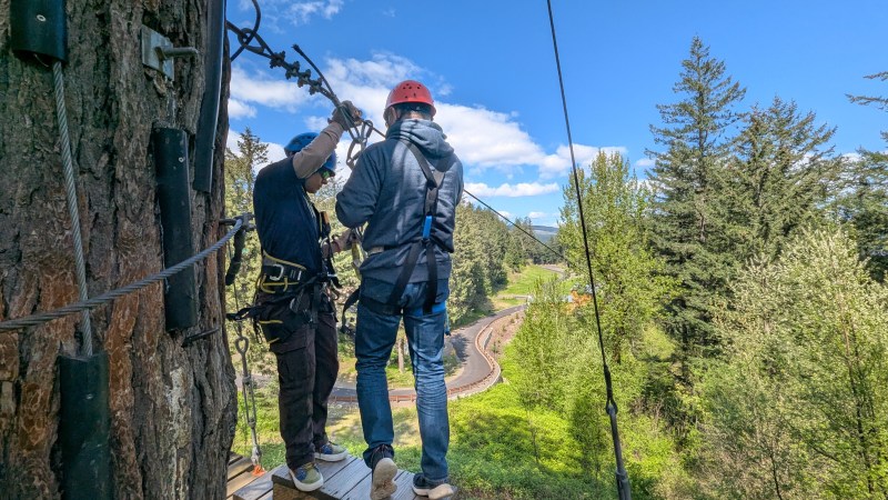 Preparing for the zipline at skamania lodge