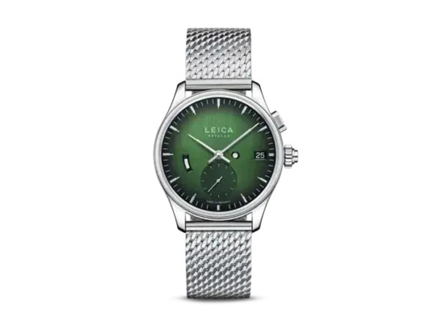 front view of latest Leica timepiece with green dial.