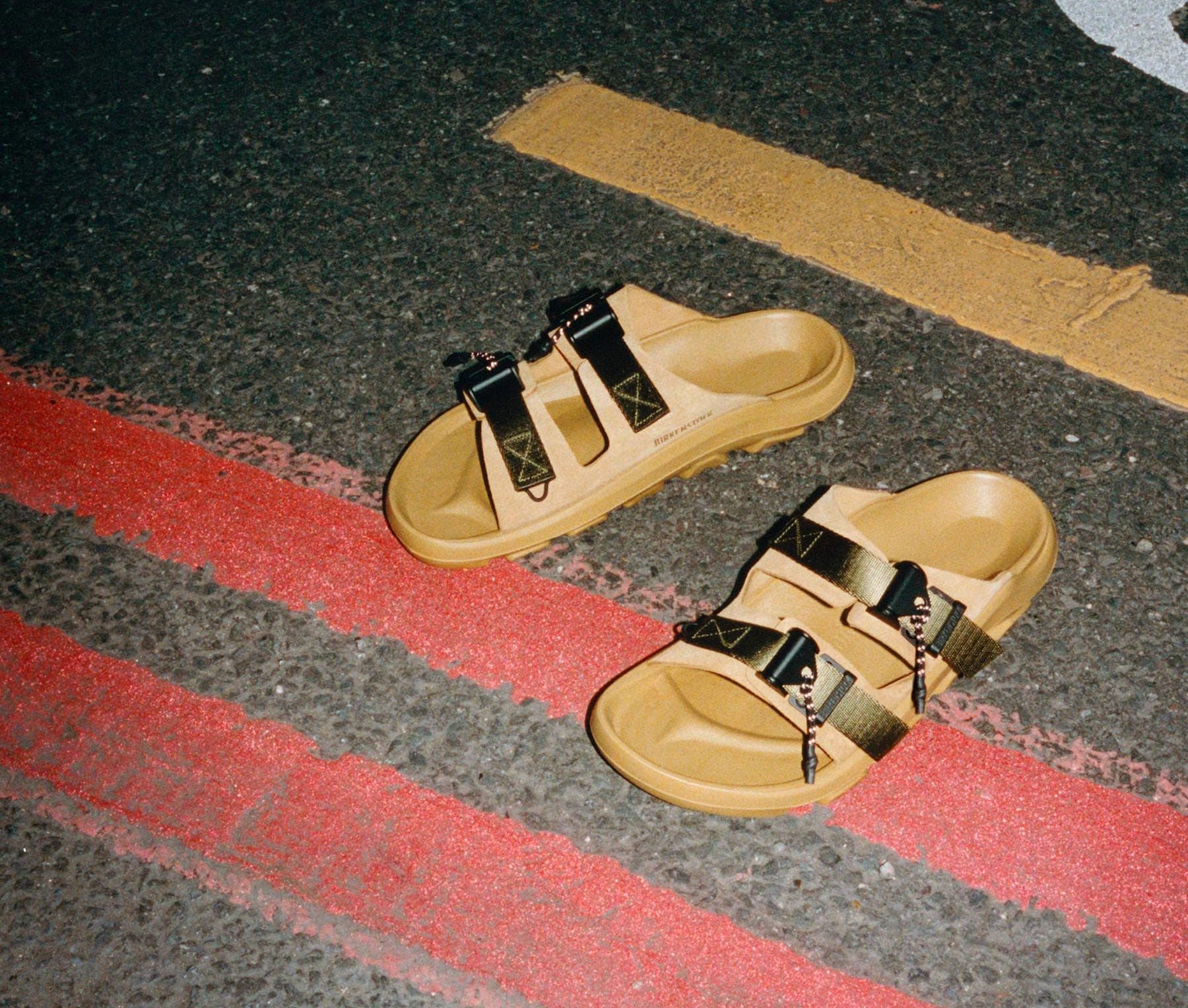 tan birkenstock x maharishi sandals on street