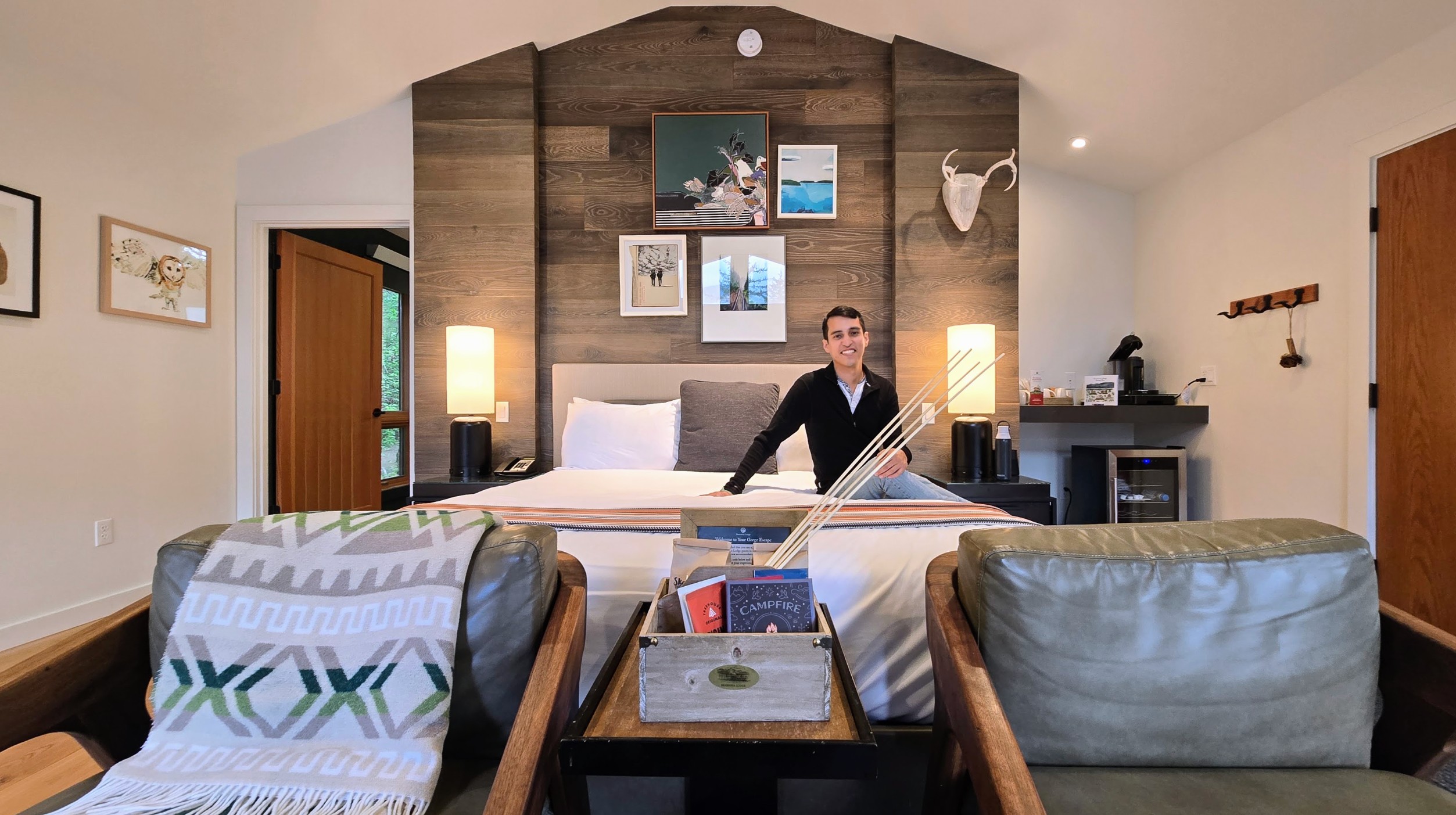 Raul Mercado in a treehouse at Skamania Lodge