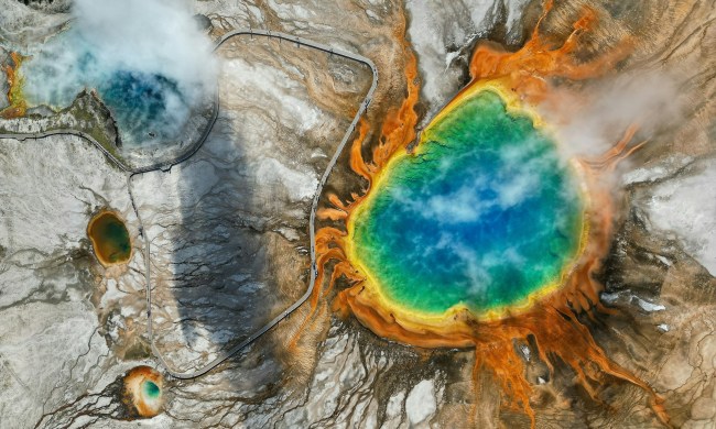 Overhead photo of a geyser at Yellowstone National Park