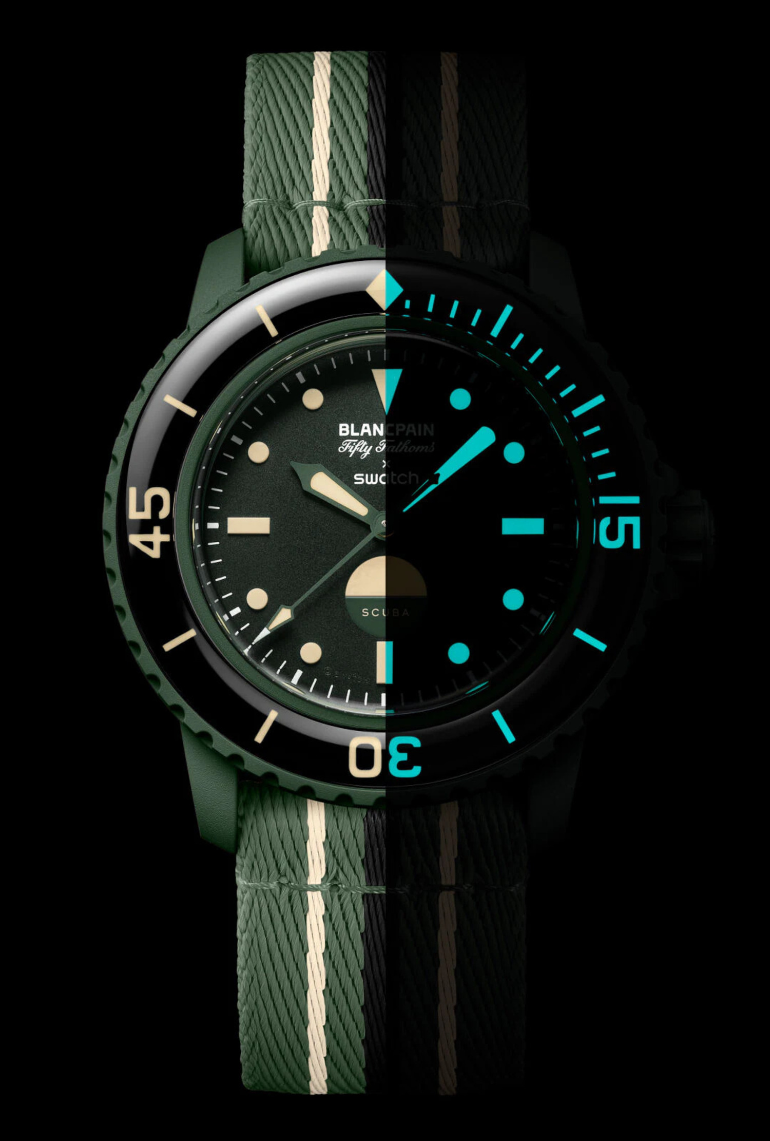 The Swatch Green Abyss, by day and by night.