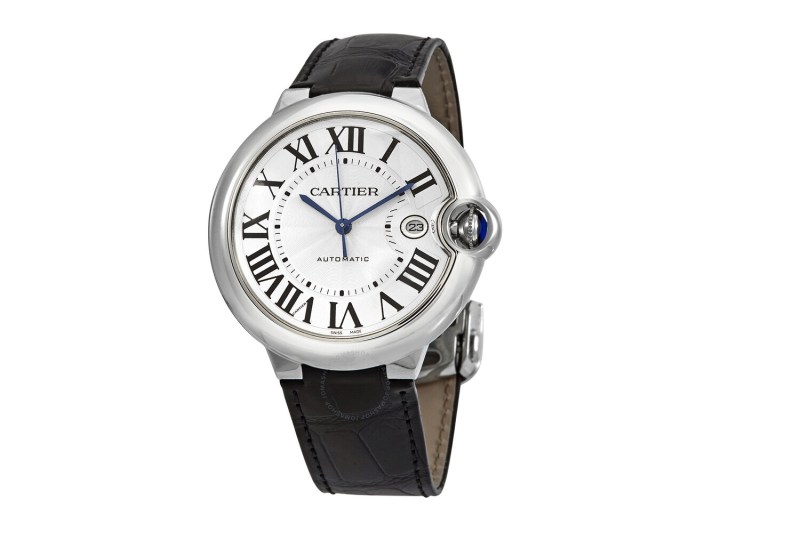 The Cartier Ballon Bleu men's watch on a white background.