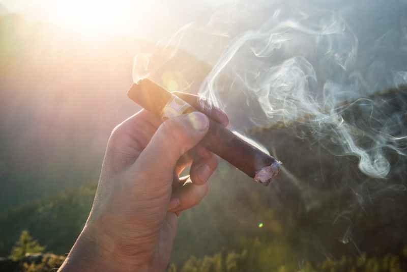 hand holding a lit cigar