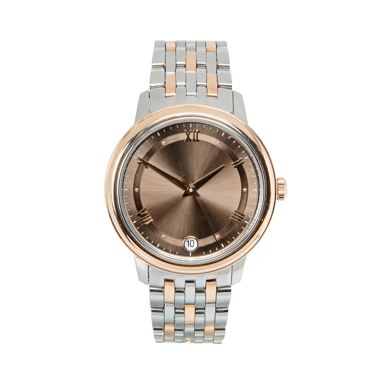 Expensive luxury classic gold watch. Case in steel and gold, dial with Roman numerals, steel strap. Front view isolated on a white background.
