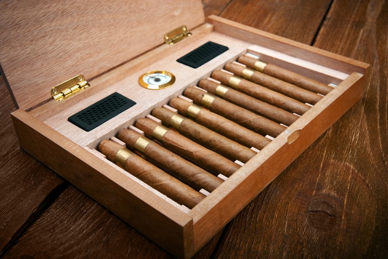 cigars arranged neatly in an open humidor