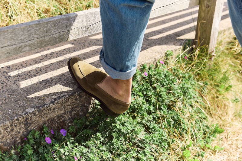 man wearing viberg suede loafer