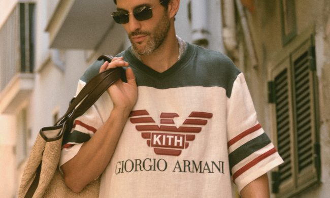 man wearing kith x armani tee shirt