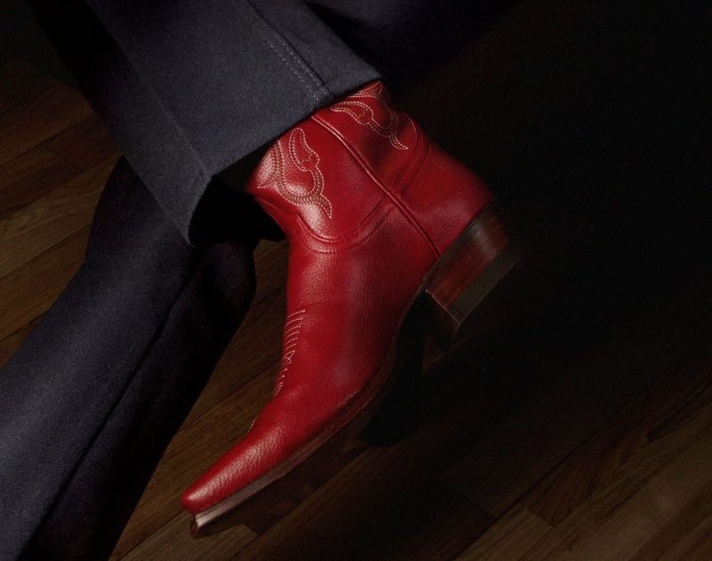 close up on red tecovas boots