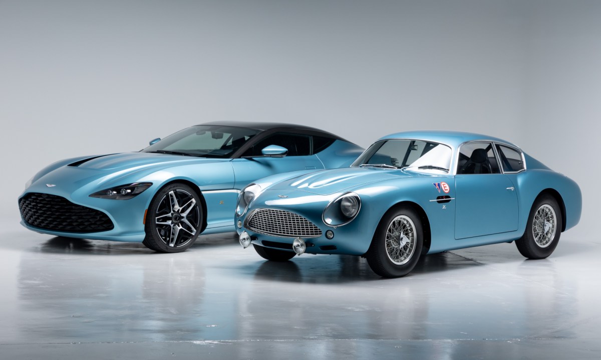 DB4 GT Zagato Continuation and DBS GT Zagato left front three quarter views of both.