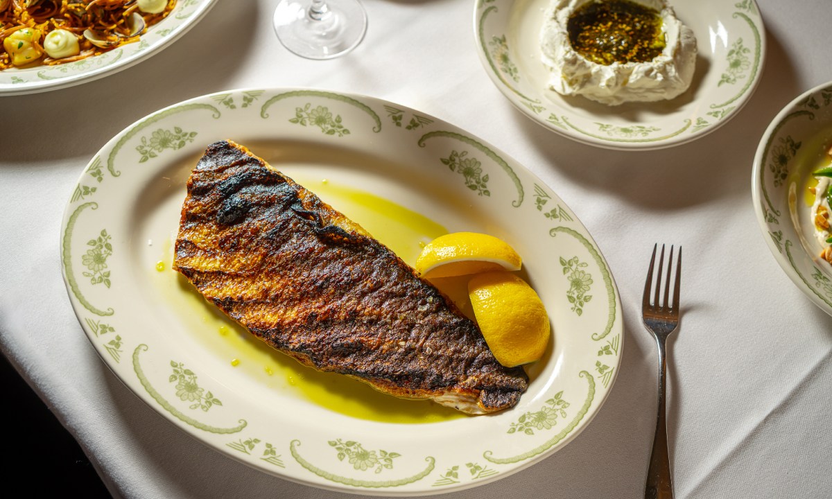 grilled at OPTO branzino on a white plate