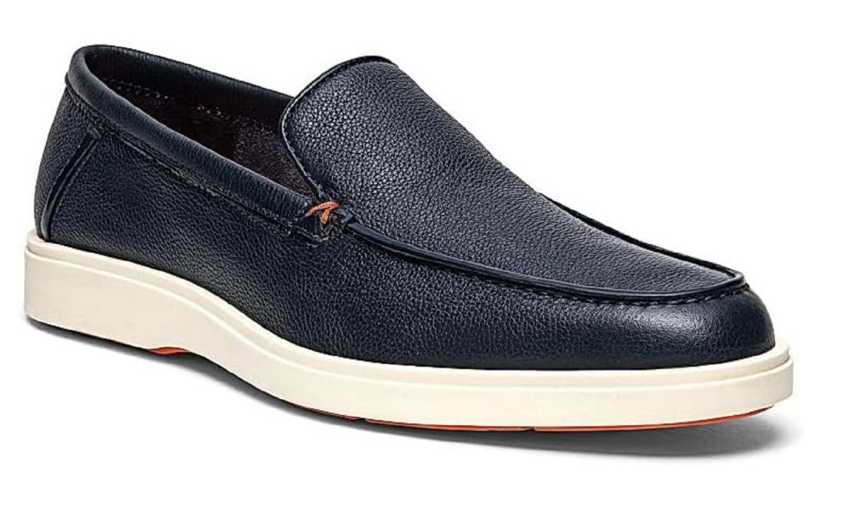 The Santoni Detroit Tumbled Leather Loafers in blue, on a white background.