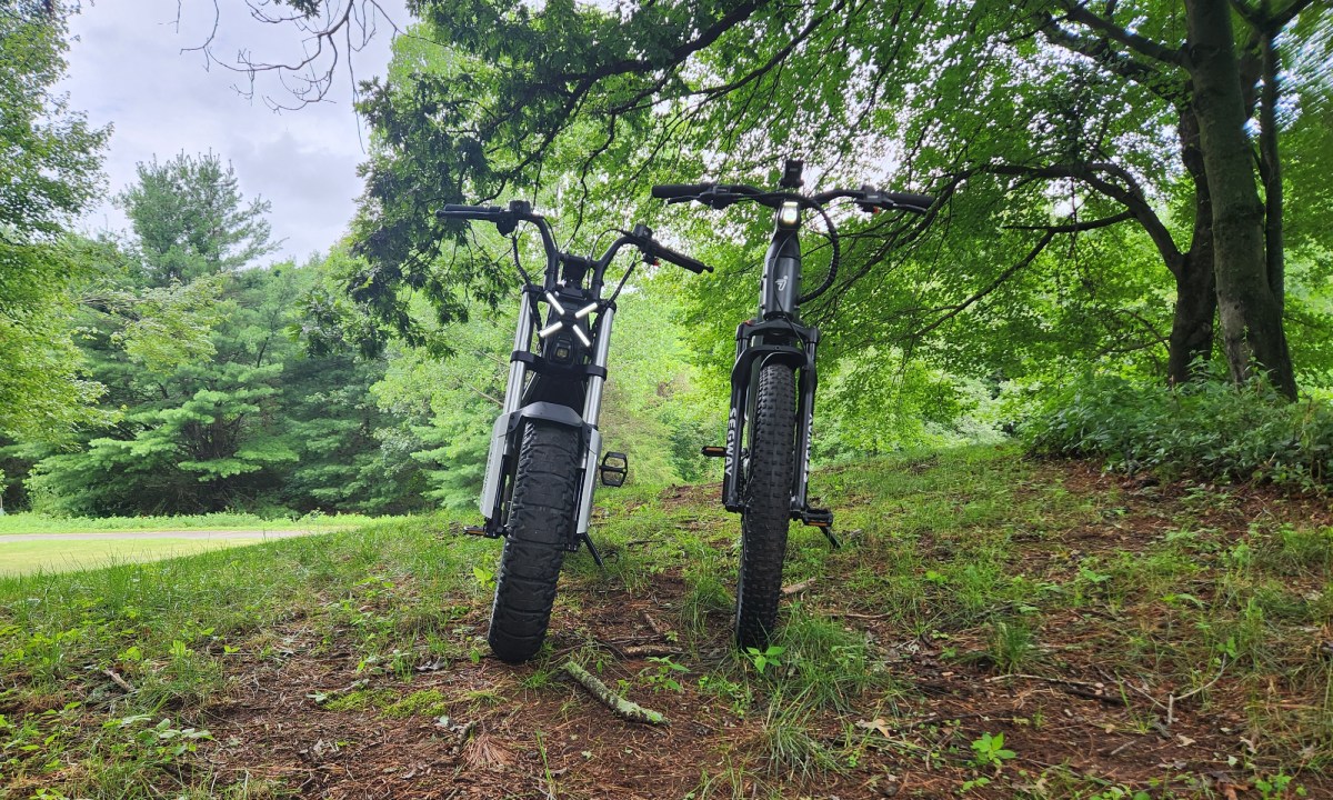 Segway Xber and Xafari front view parked on a hill with lights on.