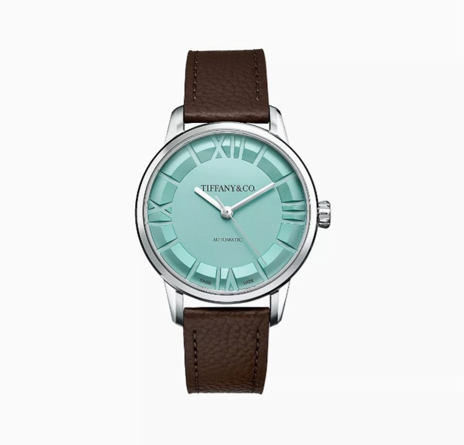 the Atlas watches feature graphic Roman numerals and light blue dial