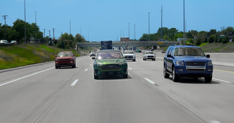 A Mustang mach E on the highway