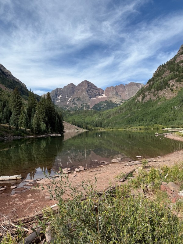 The Maroon Bells reflecting on Maroon Lake