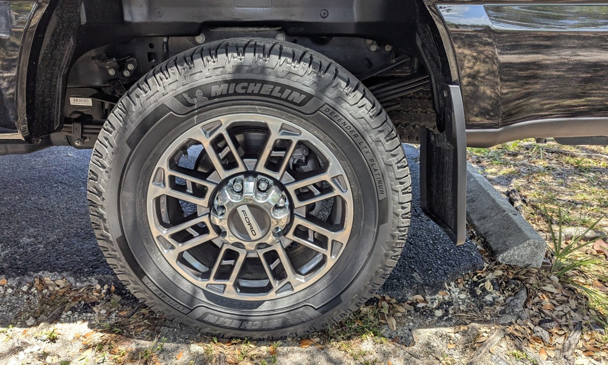 A Michelin Defender tire on a Ford F-250