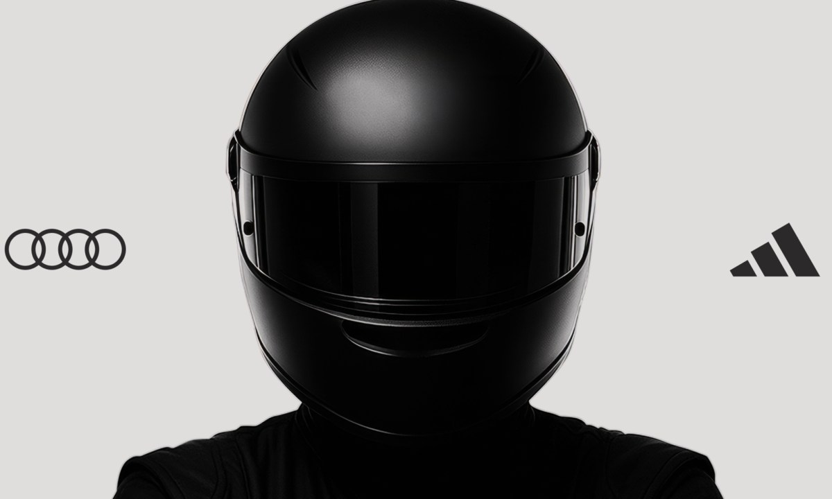 Graphic with Audi logo on the left, addidas on the right and a black-helmeted person in the center.