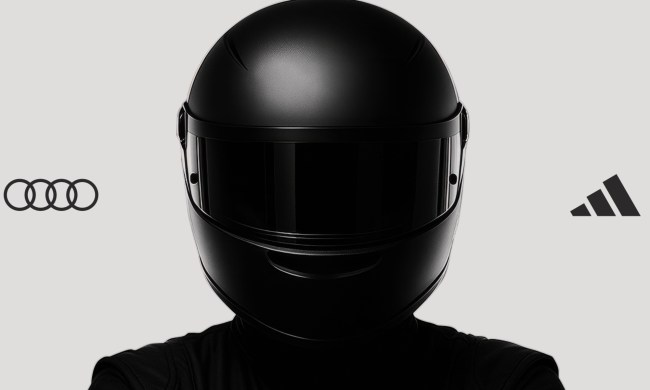 Graphic with Audi logo on the left, addidas on the right and a black-helmeted person in the center.