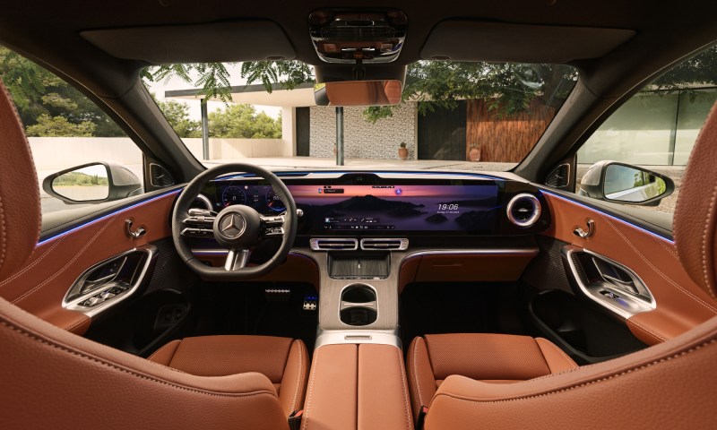 Mercedes-Benz GLS all-electric SUV interior showing front seats and console.