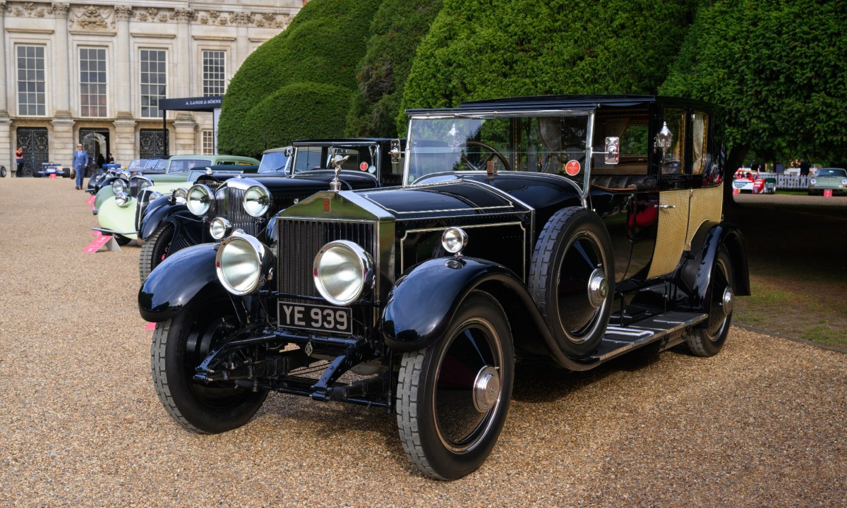 The Phantom of Love Rolls Royce left front three quarter view at Hampton Gardens.